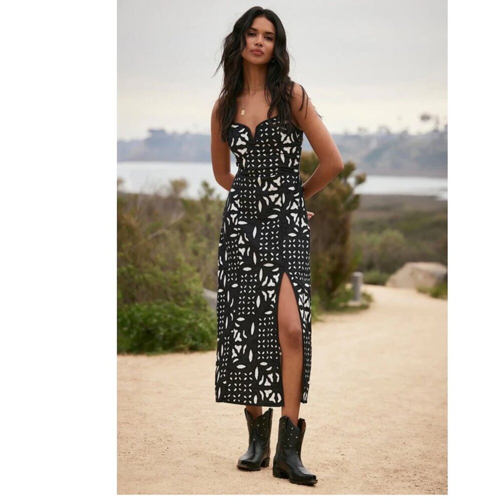 Saltwater Luxe Dottie Middi Dress High Slit Black White Sweetheart Women's Large